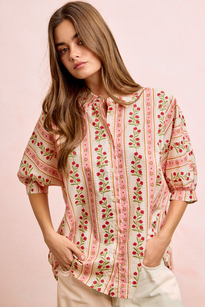 BiBi Bold Woven Striped Floral Print Button Down Top in Red