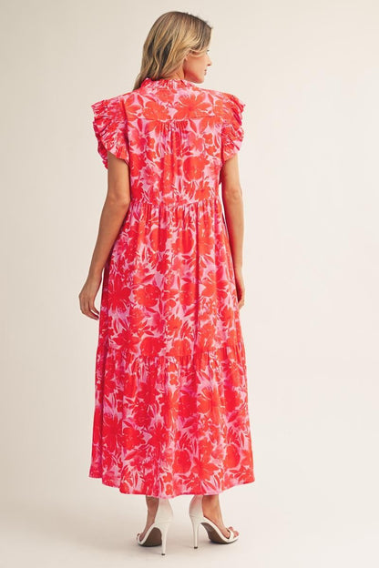 Jodifl Tropical Bloom Ruffle Sleeve Midi Dress in Red