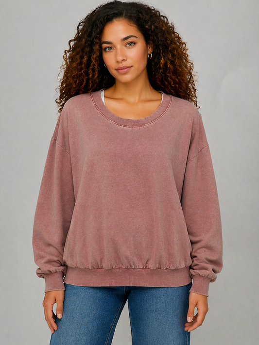 Easel Solid Color Mineral Washed Terry Knit Top in Cinnamon
