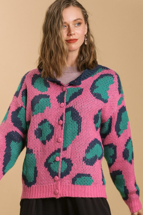 Umgee Animal Print Button Front Cardigan in Pink Mix