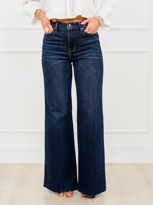 Judy Blue The Levi High Rise Dark Wash Petite/Reg Retro Wide Leg Jeans with Adjustable Waistband Tabs