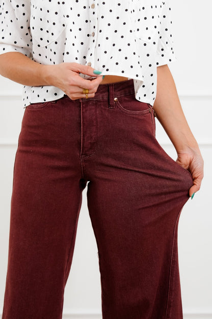 Judy Blue High Rise Burgundy Retro Wide Leg Jeans with Twisted Seams