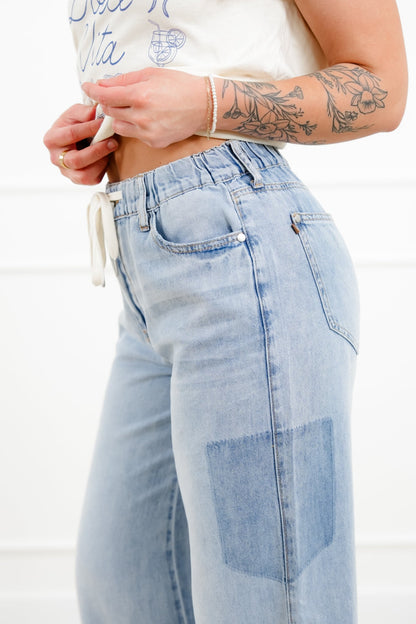 Judy Blue High Rise Light Wash Elastic Waistband Featherweight Palazzo Jeans with Shadow Pockets
