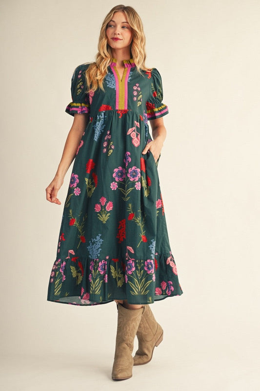 Jodifl Contrast Accent Floral Midi Dress in Hunter Green