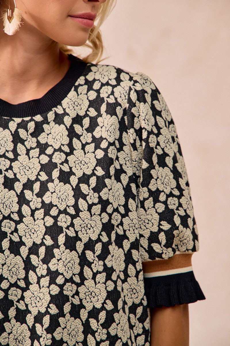 BiBi Textured Rose Knit Top With Contrasting Banded Puff Sleeves in Black/Light Grey