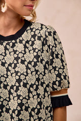 BiBi Textured Rose Knit Top With Contrasting Banded Puff Sleeves in Black/Light Grey