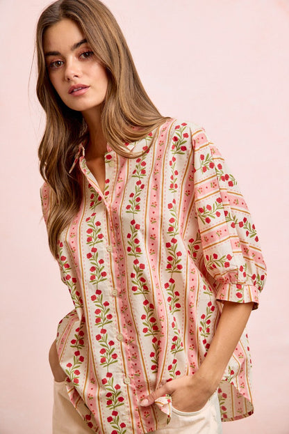 BiBi Bold Woven Striped Floral Print Button Down Top in Red