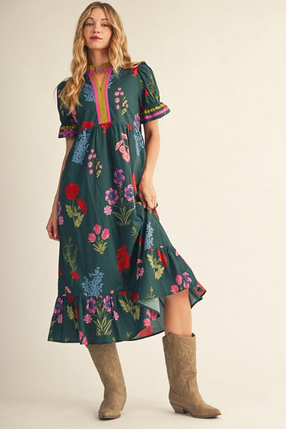 Jodifl Contrast Accent Floral Midi Dress in Hunter Green