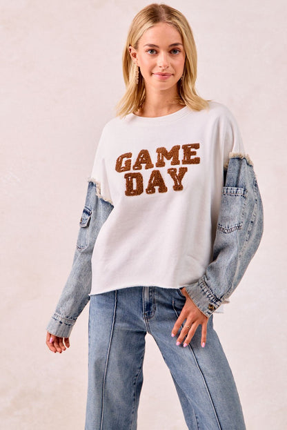 BiBi Sweatshirt with Denim Sleeves and GAMEDAY Letter Patches in Ivory