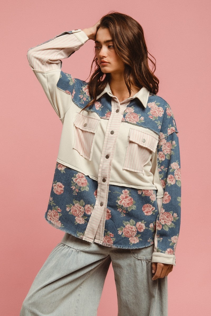 BiBi Printed Denim and Mix n Match Fabric Top in Denim Mix