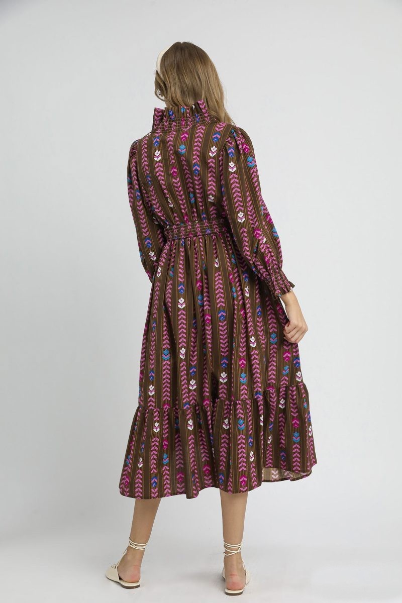 Umgee Stripped Floral Print Midi Dress in Brown Mix