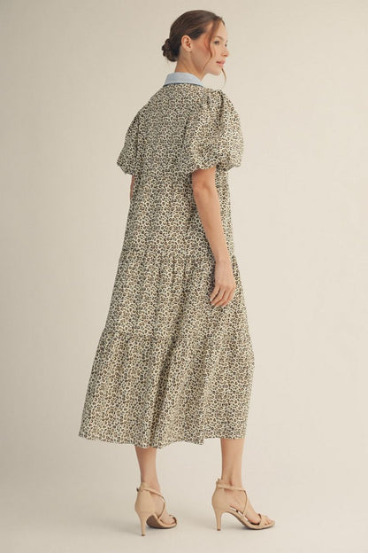 Jodifl Leopard Print Tiered Midi Dress with Contrast Trim in Blue