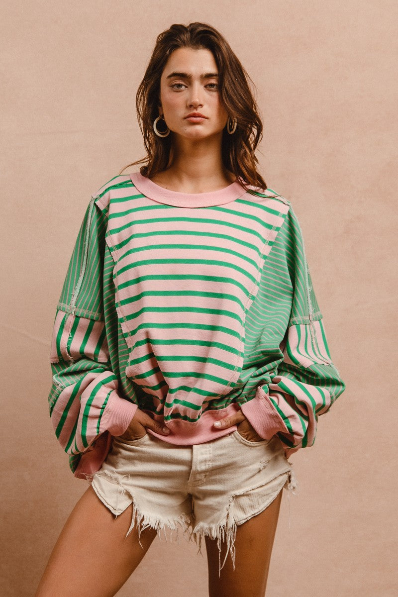 BiBi OVERSIZED Mixed Striped with Contrasting Color Panels Top in Blush/Emerald