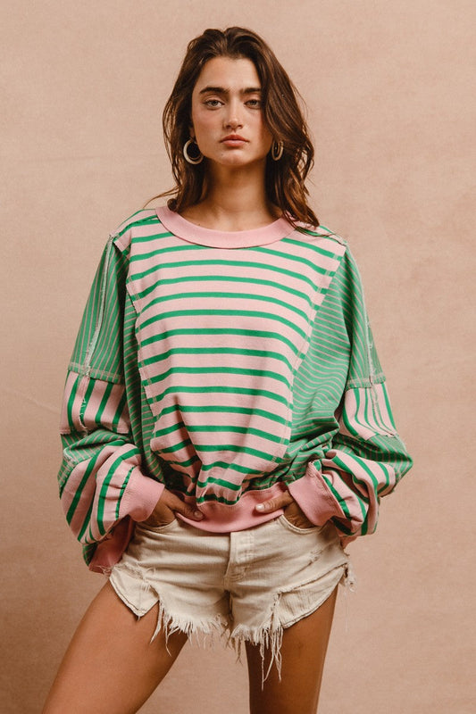 BiBi OVERSIZED Mixed Striped with Contrasting Color Panels Top in Blush/Emerald