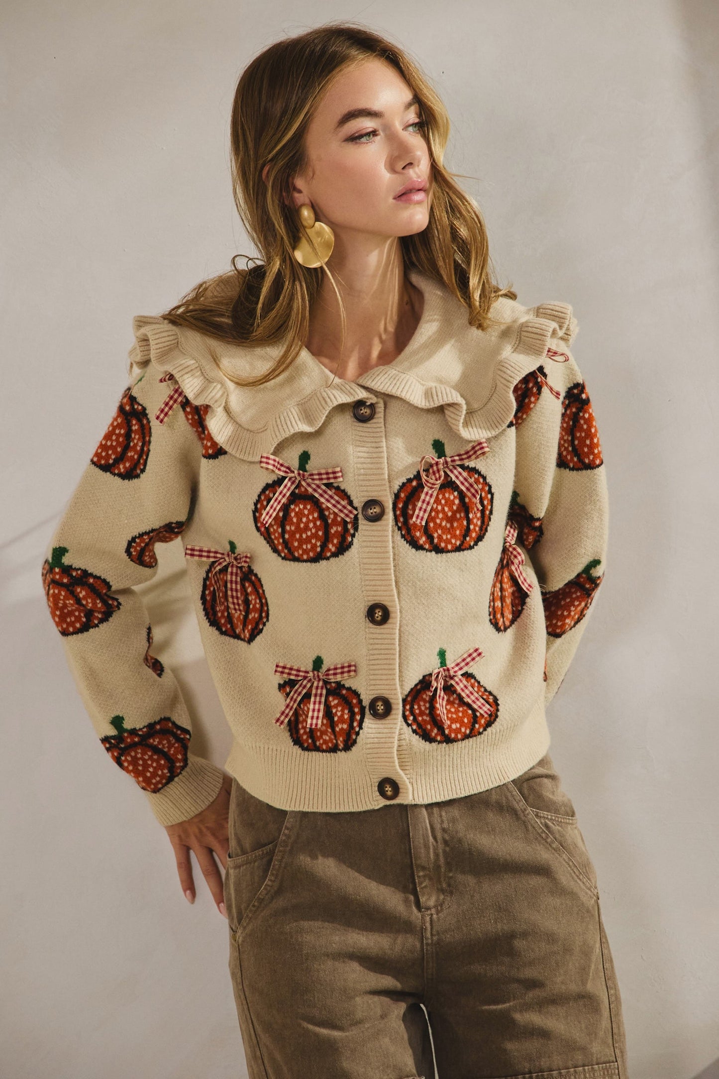 LovLov Sailor Collar Pumpkin with Ribbon Cardigan in Oatmeal ON ORDER