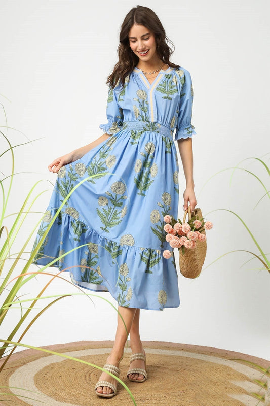 Umgee Bold Floral Print Midi Dress in Periwinkle Mix ON ORDER