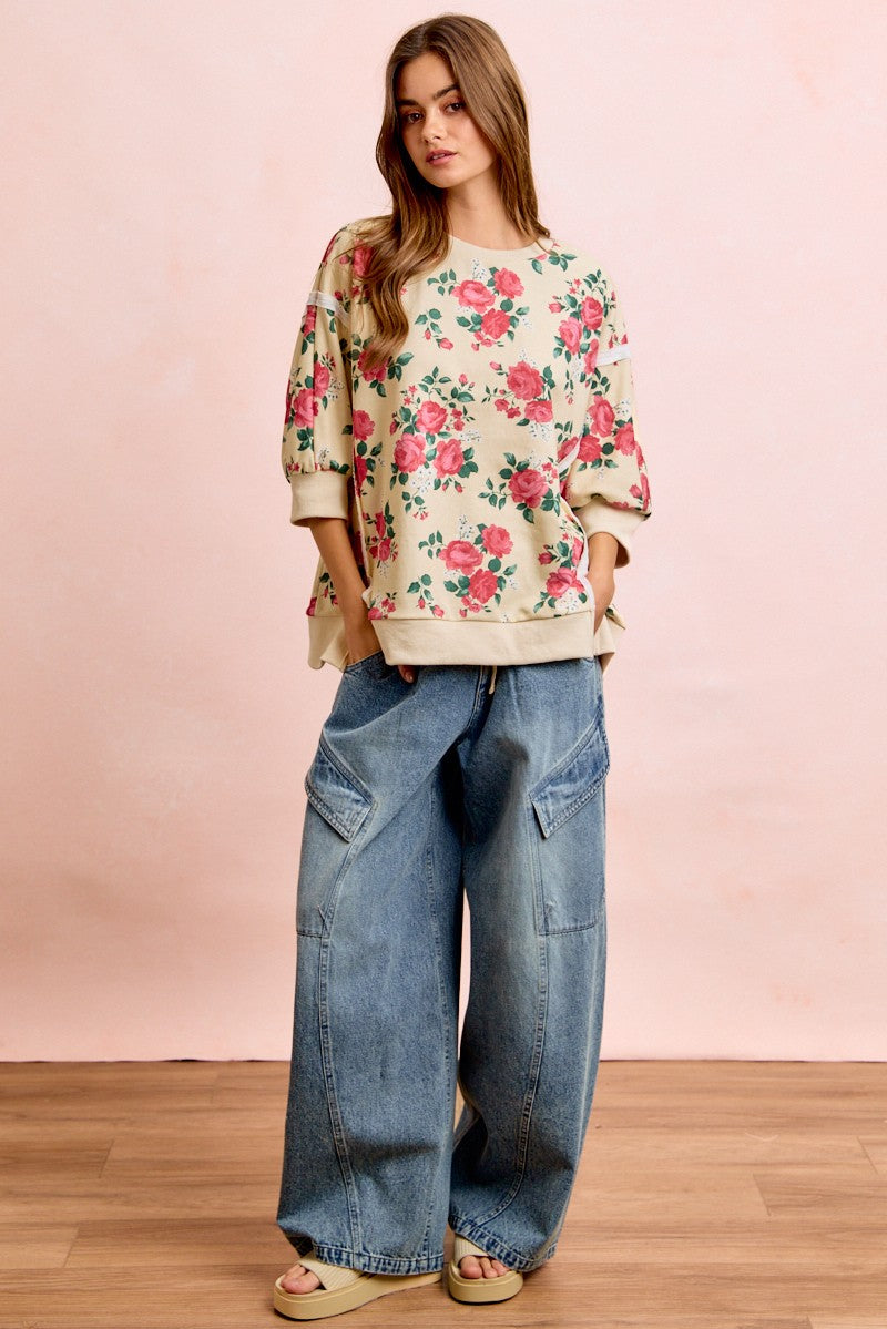 BiBi Rose Printed Terry Knit Relaxed Top in Cream ON ORDER