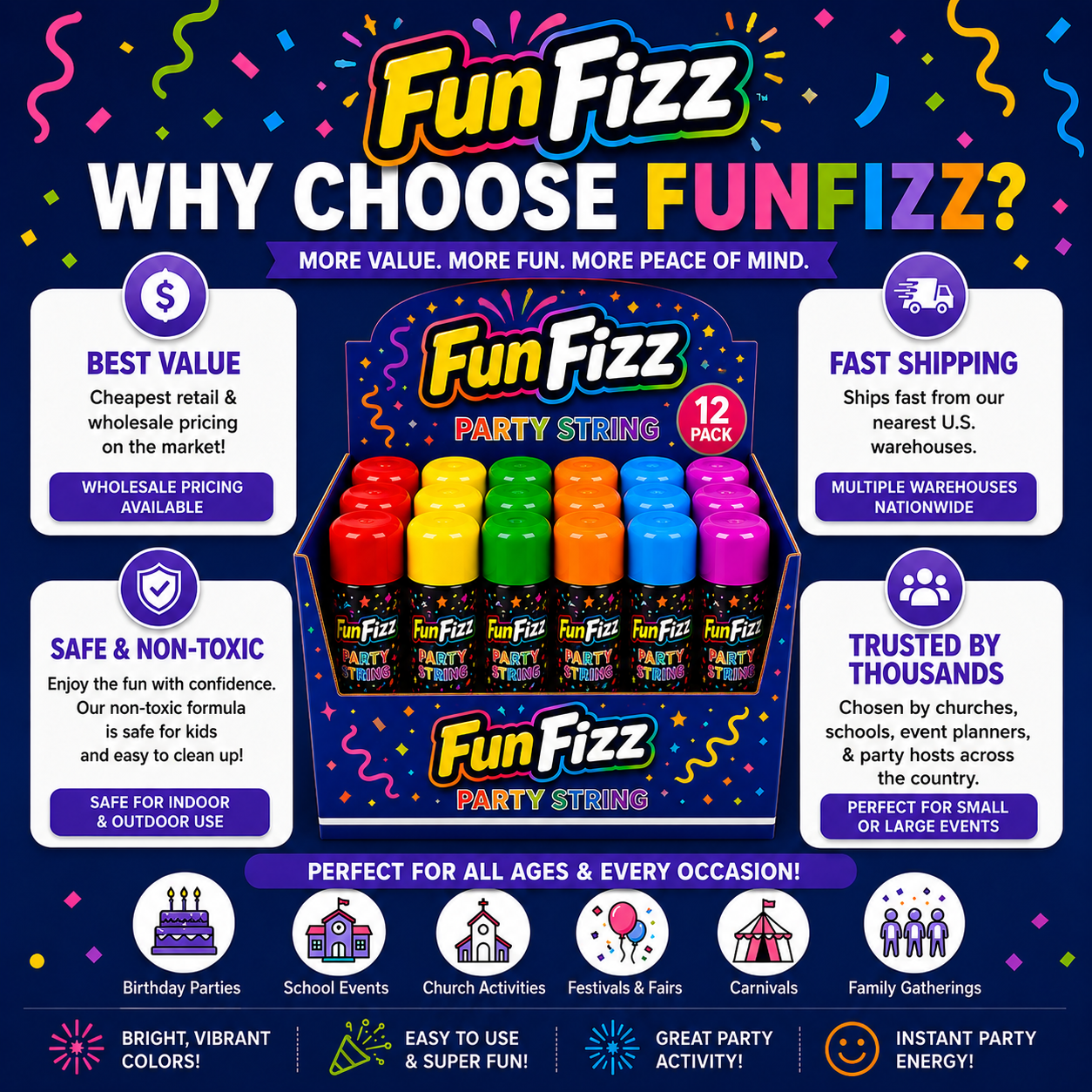 FunFizz Silly Party String Spray (12 Pack) – Non-Toxic Color String Aerosol for Birthday Parties, Weddings, Celebrations, School Events & Festive Occasions