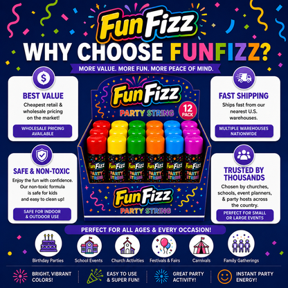 FunFizz Silly Party String Spray (12 Pack) – Non-Toxic Color String Aerosol for Birthday Parties, Weddings, Celebrations, School Events & Festive Occasions