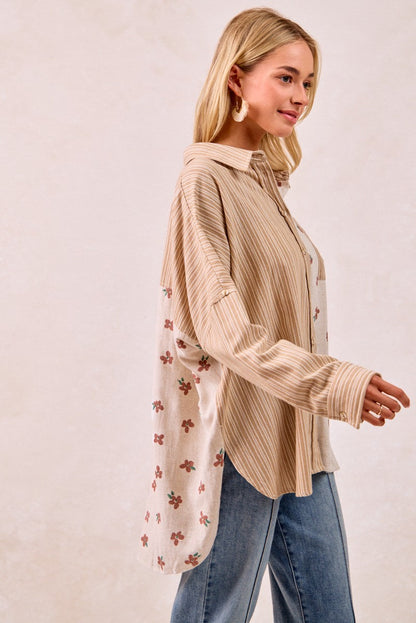 BiBi OVERSIZED Mix n Match Stripes and Floral Print Top in Taupe/Terracotta