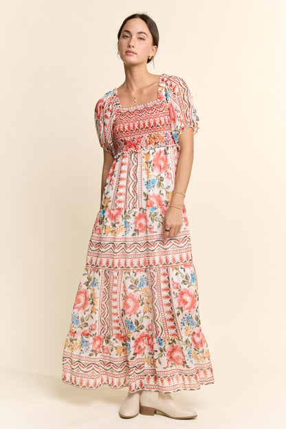 Davi & Dani Boho Floral Print Chiffon Maxi Dress in White Red