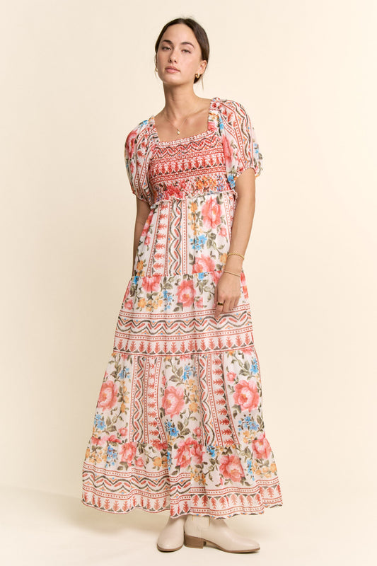 Davi & Dani Boho Floral Print Chiffon Maxi Dress in White Red