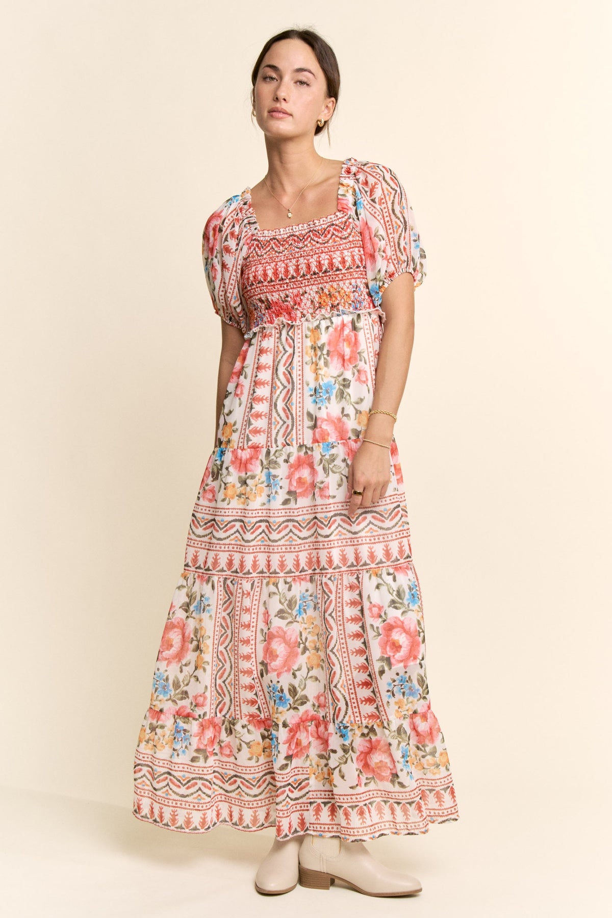 Davi & Dani Boho Floral Print Chiffon Maxi Dress in White Red