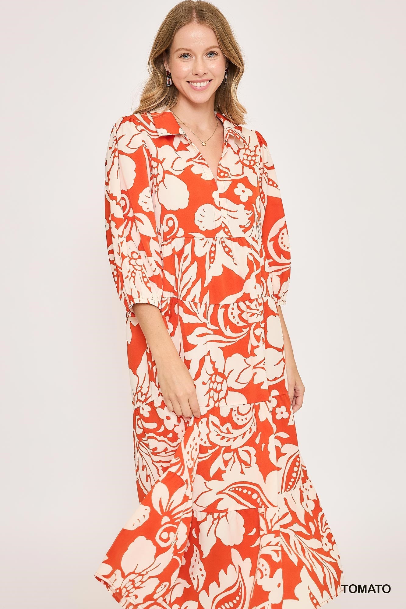 Umgee Two Toned Floral Print Tiered Midi Dress in Tomato