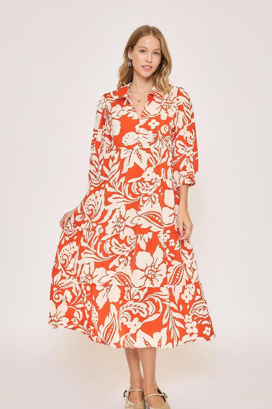 Umgee Two Toned Floral Print Tiered Midi Dress in Tomato