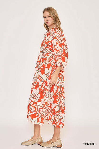 Umgee Two Toned Floral Print Tiered Midi Dress in Tomato