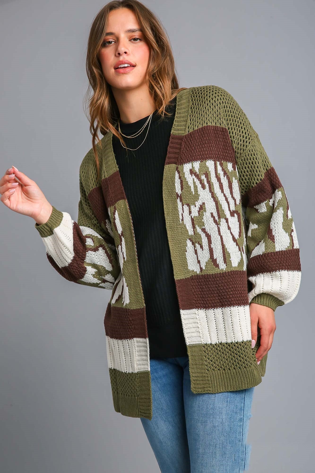 Umgee Multi Color Animal Print Colorblock Sweater Cardigan in Brown/Olive