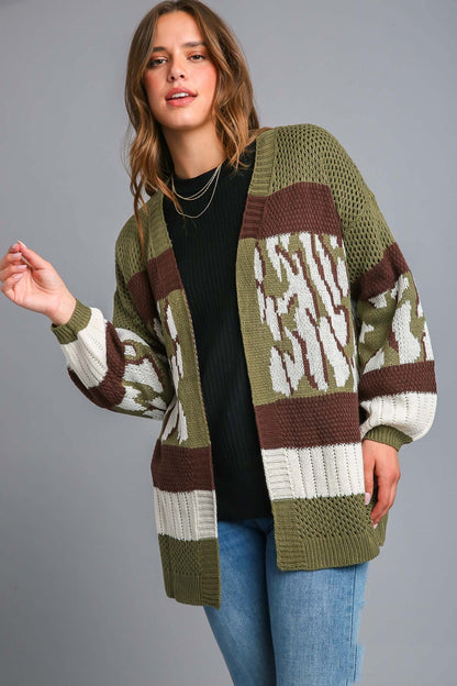 Umgee Multi Color Animal Print Colorblock Sweater Cardigan in Brown/Olive