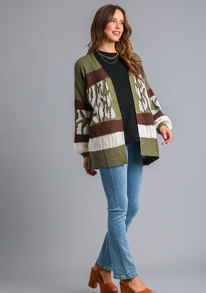 Umgee Multi Color Animal Print Colorblock Sweater Cardigan in Brown/Olive