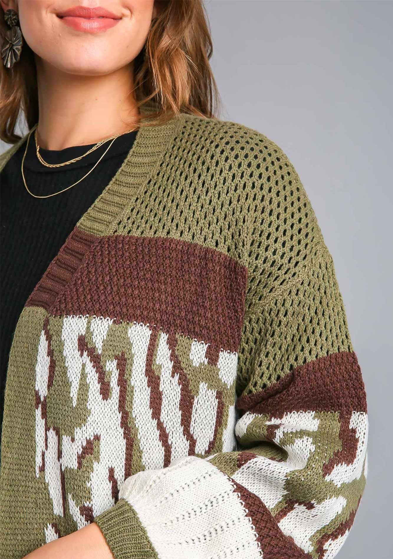 Umgee Multi Color Animal Print Colorblock Sweater Cardigan in Brown/Olive