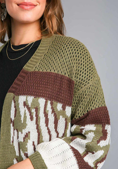 Umgee Multi Color Animal Print Colorblock Sweater Cardigan in Brown/Olive