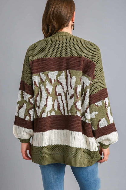 Umgee Multi Color Animal Print Colorblock Sweater Cardigan in Brown/Olive