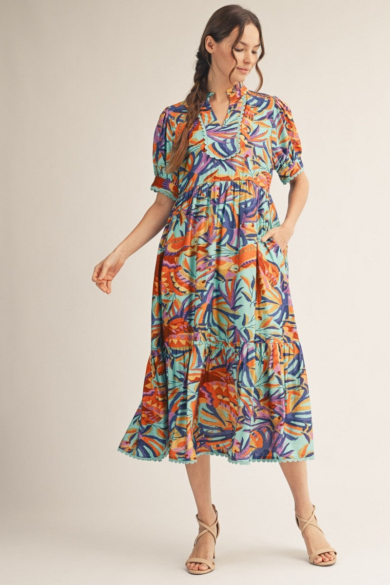 Jodifl Tropical Print Midi Dress with Scalloped Trim Detail in Aqua Blue