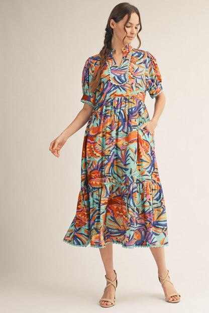 Jodifl Tropical Print Midi Dress with Scalloped Trim Detail in Aqua Blue