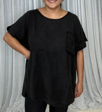 Easel Solid Color Cotton and Linen Blend Top in Ash Black