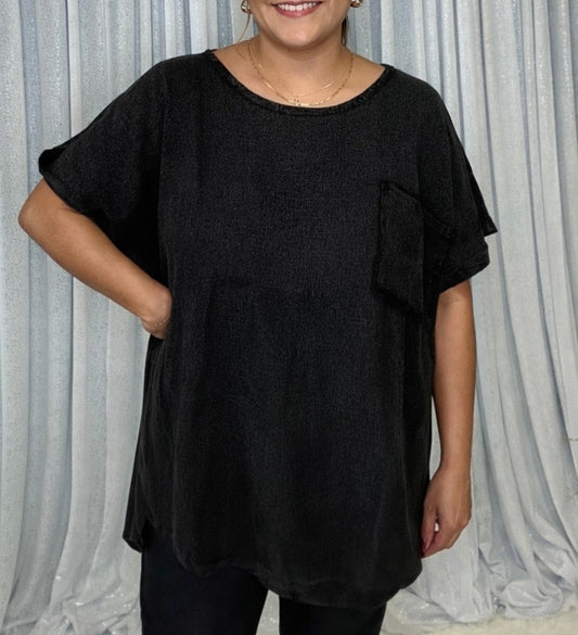 Easel Solid Color Cotton and Linen Blend Top in Ash Black