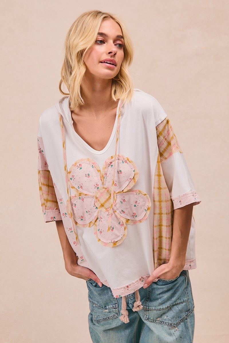 BiBi Mix n Match Hooded Top with Large Flower Patch Front in Ivory