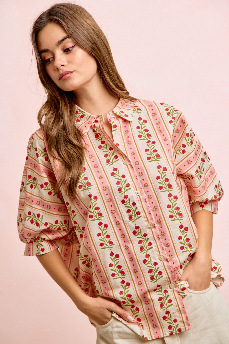 BiBi Bold Woven Striped Floral Print Button Down Top in Red