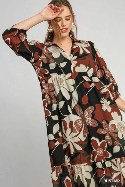 Umgee Floral Print Midi Dress in Rust Mix