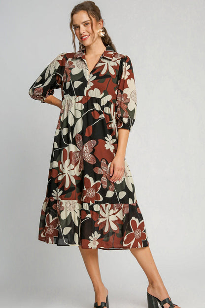 Umgee Floral Print Midi Dress in Rust Mix