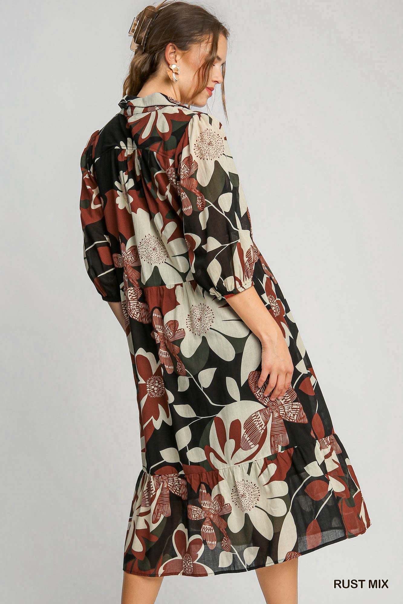 Umgee Floral Print Midi Dress in Rust Mix