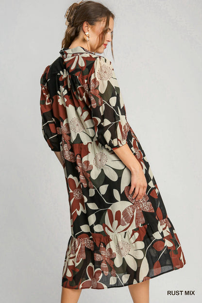 Umgee Floral Print Midi Dress in Rust Mix