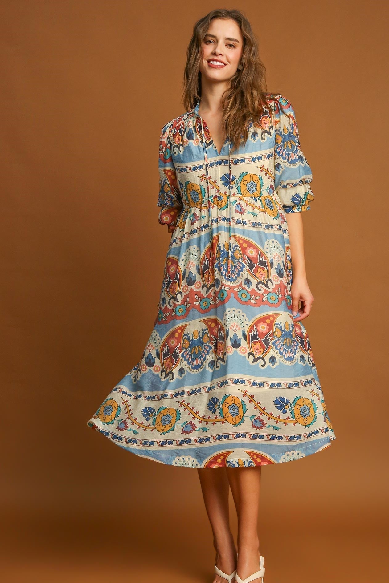 Umgee Border Print Midi Dress in Blue Mix