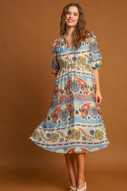 Umgee Border Print Midi Dress in Blue Mix