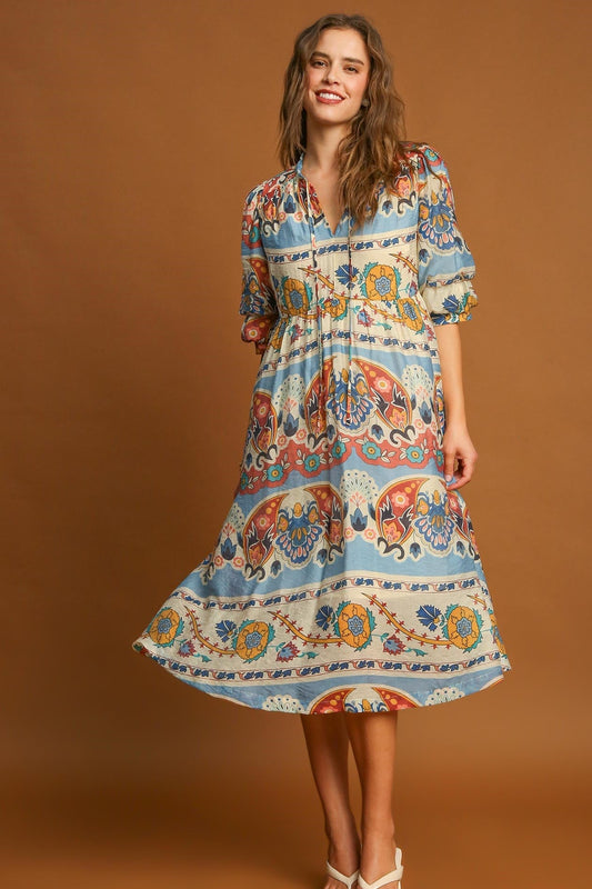 Umgee Border Print Midi Dress in Blue Mix