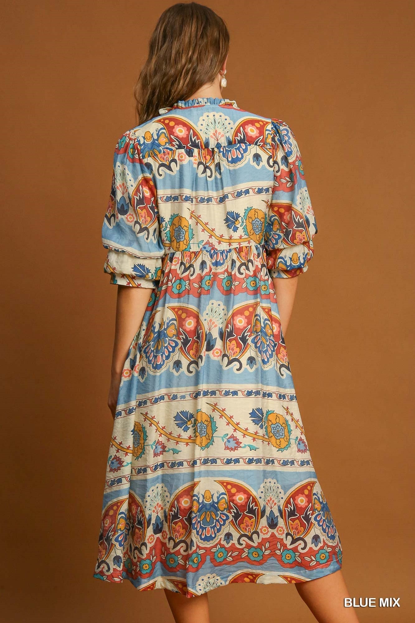 Umgee Border Print Midi Dress in Blue Mix